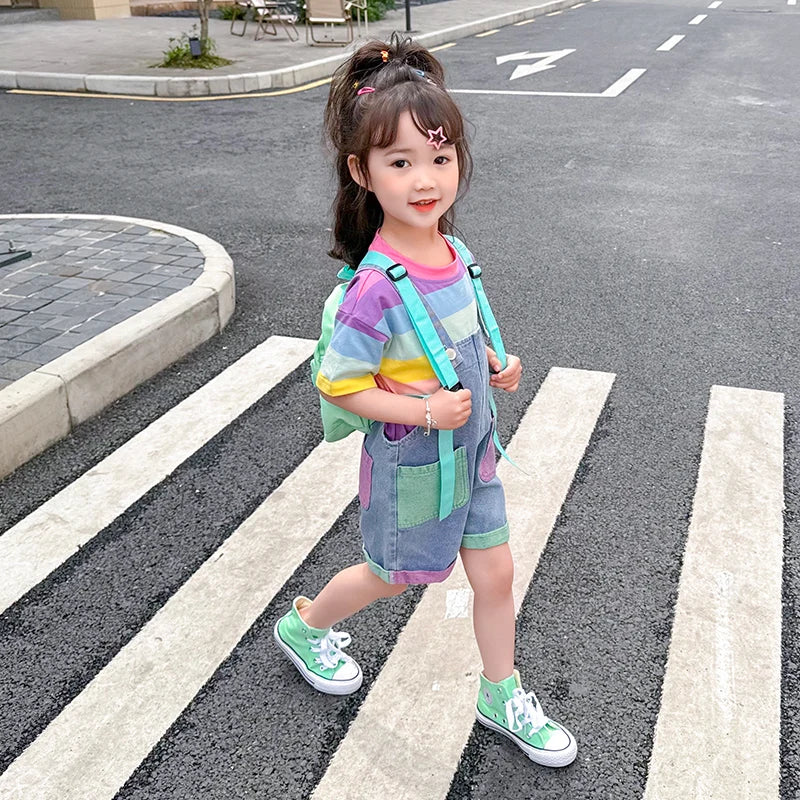 Rainbow T-Shirt Summer Bib Pants Baby Girls Shorts Jumpsuit Boy Cute Colorful Striped Short Sleeve Tops+Denim Short overalls Set