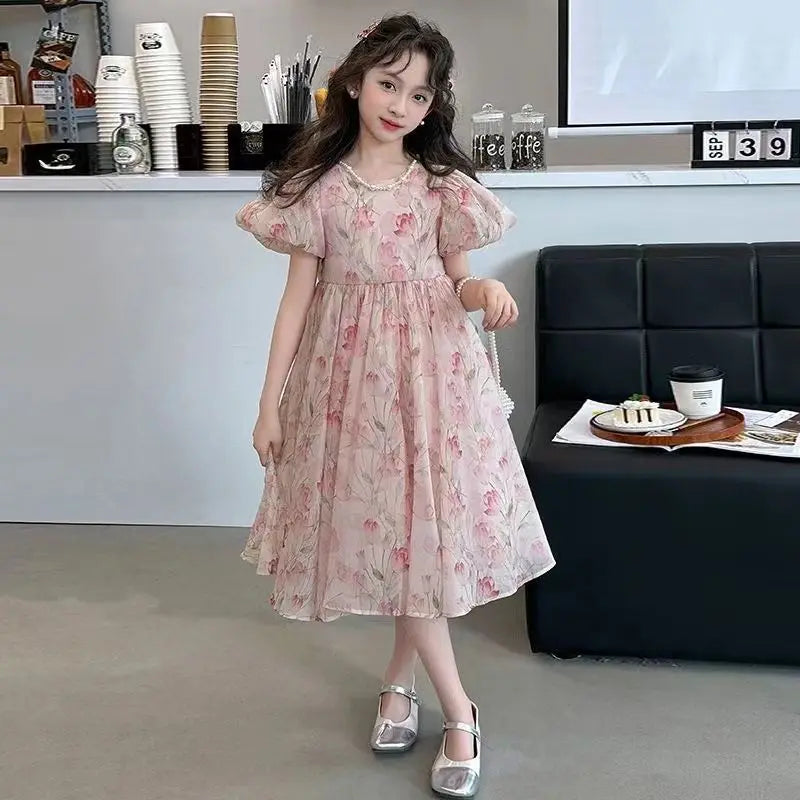 Kids Summer Dress Floral Pattern Girl Party Dress Chinese Style Kids Dress Summer Clothes Girl 6 8 10 12 Years Girl Clothes Park
