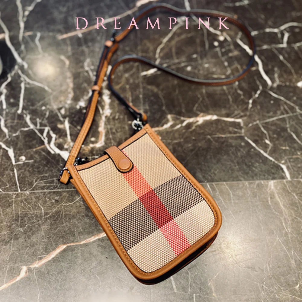 Small Women's Bag Luxury Stripes Check Canvas Leather Mobile Phone Crossbody Bag Retro Mini Female Sling Purse And Handbag