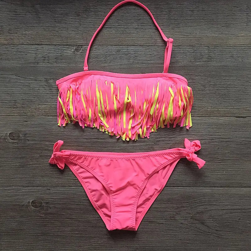 Solid Tassel Girls Bikinis 2023 Kids Swimwear Swimsuit Summer Beach Children Bandage Biquinis 5-12 Years Teens Baby Bathing Suit