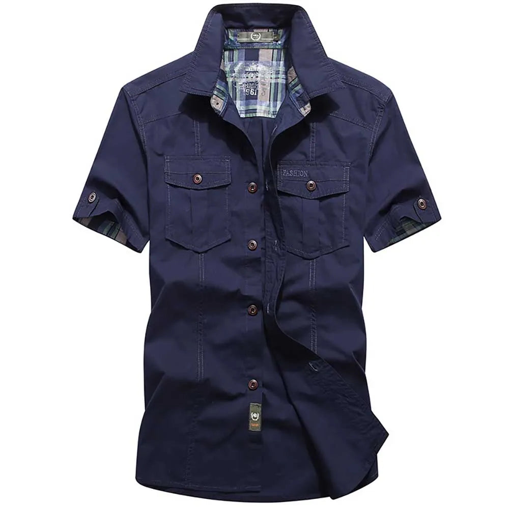 Summer Cotton Casual Shirts Men Loose Shirts Short Sleeve Turn-down Collar Military Style Male Tops mon