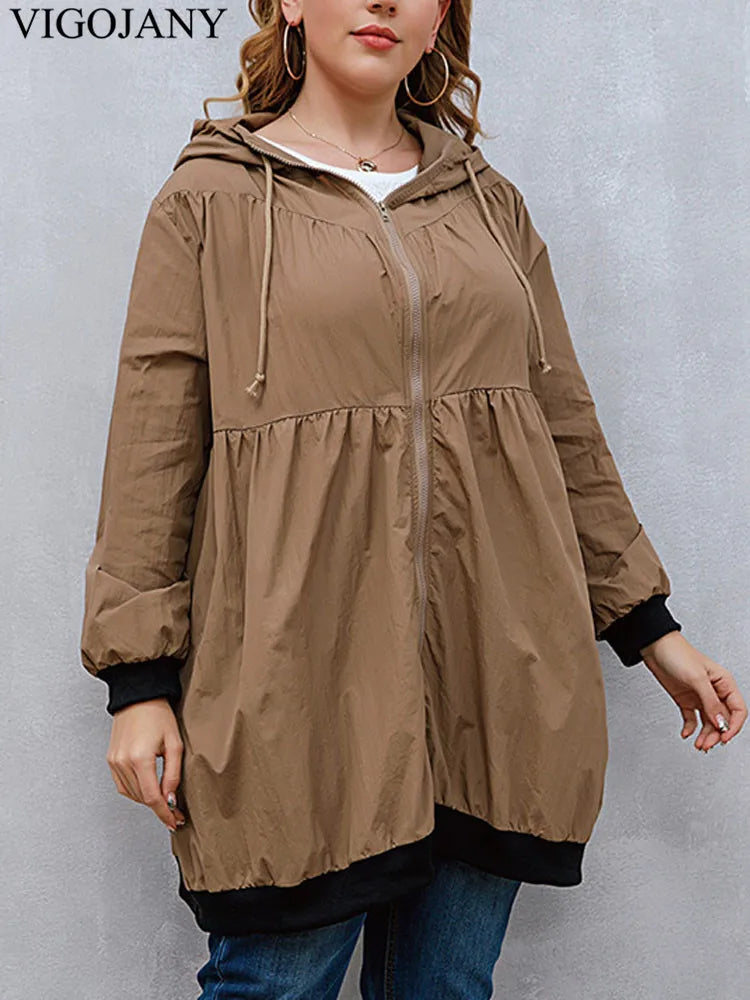 VigoJany 2025 Spring Autumn Solid Plus Size Coat Women Casual Large Long Sleeve Jacket Outwear Lady Chubby Zipper Curvy Clothes