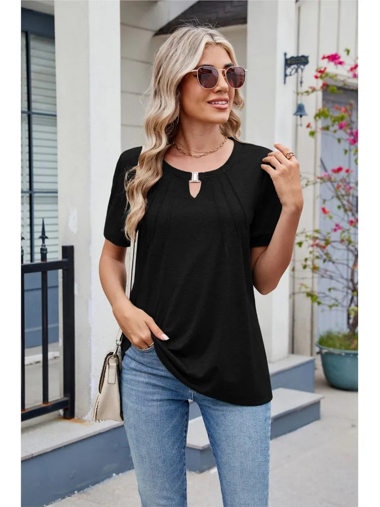 Women's Elegant Hollow Out O-Neck Tops Solid Casual Work Shirt Short Sleeve T Shirt Fashion Women Clothes 2025 Summer New