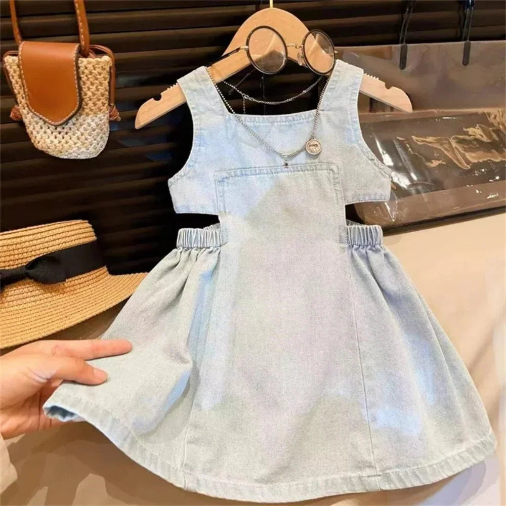 2-7 Years Old Blue Hollowed Out Denim Square Neck Camisole Dress Solid Color Korean Kids Clothes Summer New Girls Casual Dresses