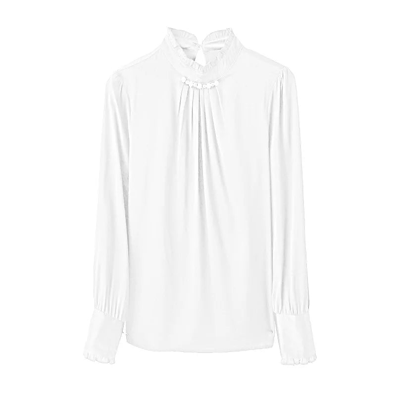 Birdtree 92%Real Silk Women Elegant Fashion Shirt Ruched Collar Diamonds Blouses 2024 Spring Autumn Office Lady Tops T3D983QM