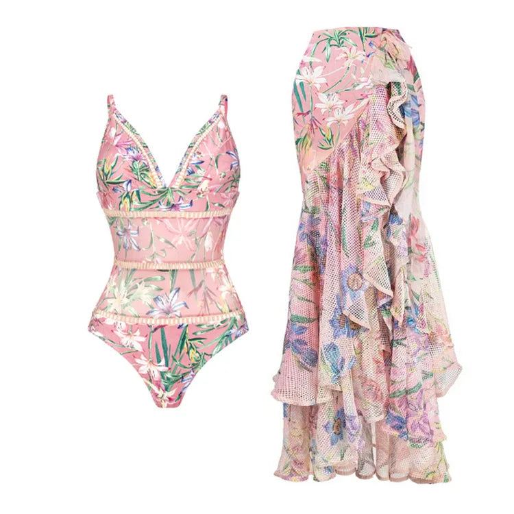 2025 Vintage Floral One Piece Swimsuit Floral Ruffle Printed Push Up Women Bikini Set Swimwear Slimming Bathing Suit Beach Wear