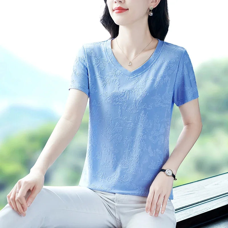 Summer Women's V-neck Slimming Short-sleeved T-shirts Fashion Luxury Clothing Tops Suit Clothes Dames Slimming and breathable