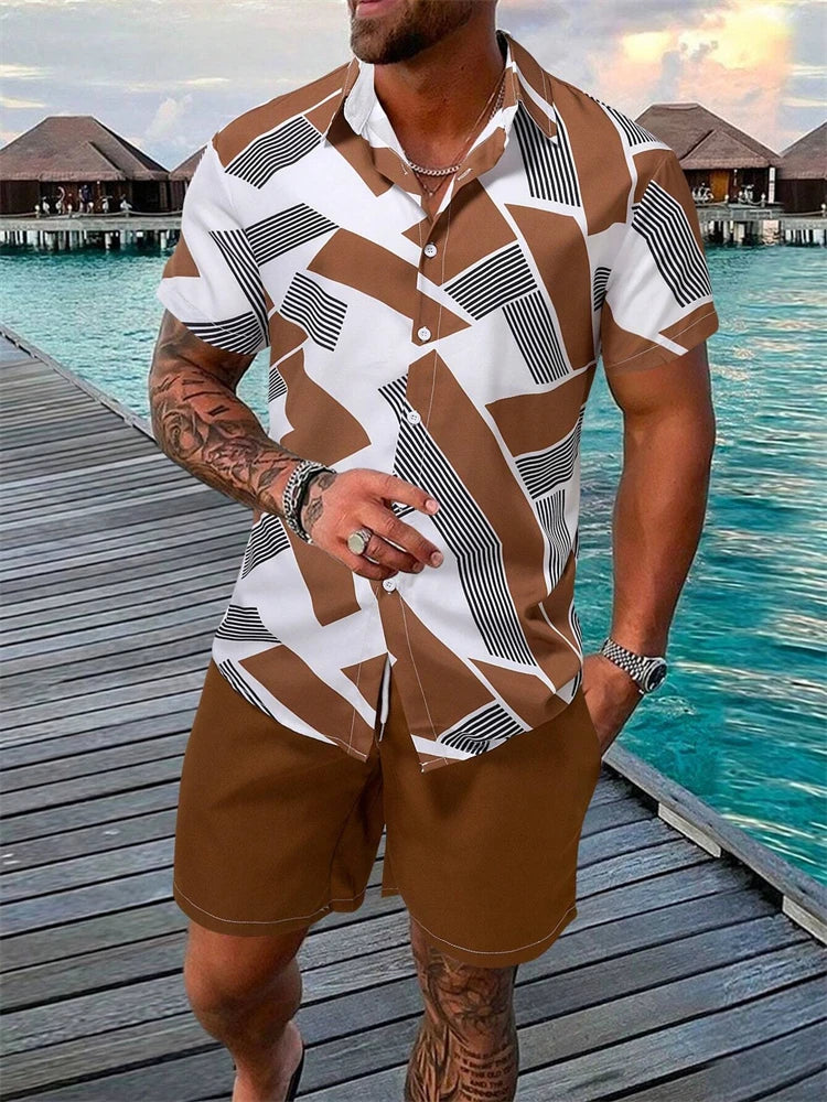 Summer New Men's Short Sleeve Shirt and Shorts 2 Piece Set Fashion Coconut Tree Print Lapel Shirt Beach Drawstring Shorts Set mon