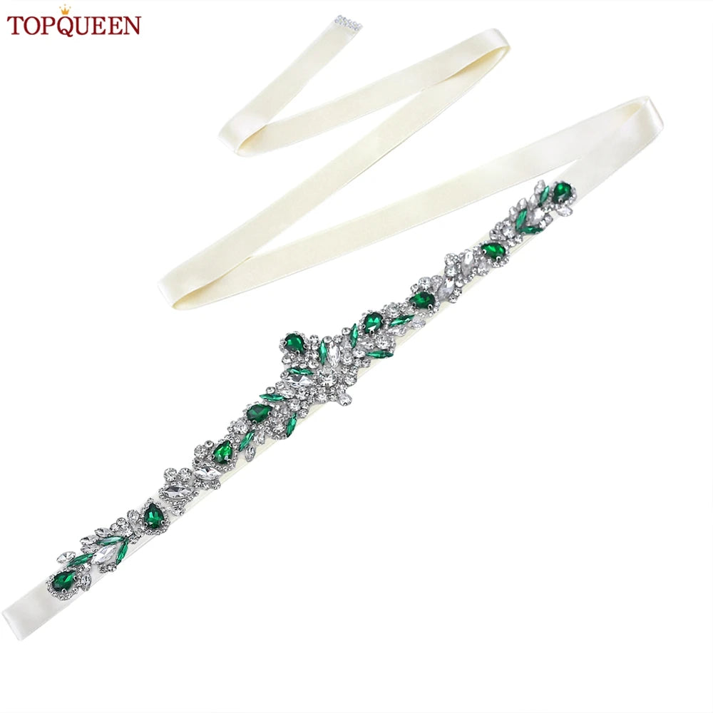 TOPQUEEN S462-KL Rhinestone Bridal Belt Wedding With Green Diamond Wedding Dress Accessories Belt Sash Party Women Dress Belt