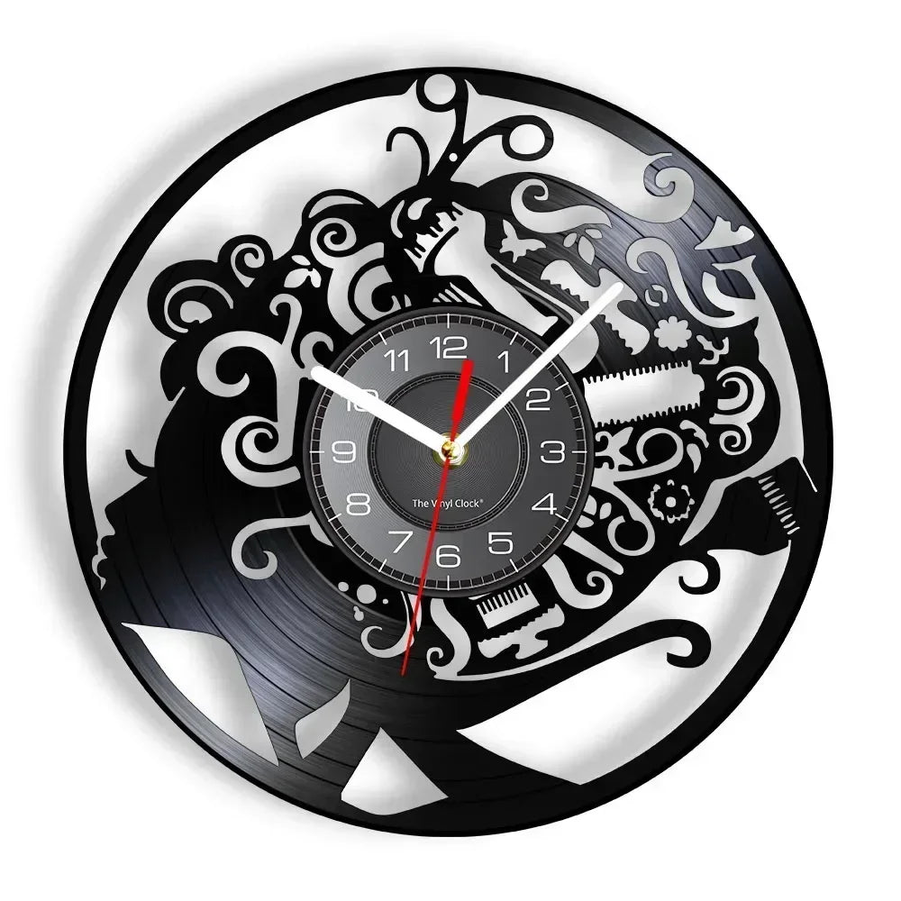 Barber Shop Sign Silent Haircutting Wall Clock Hairdressing Beauty Salon Design Vinyl Record Clock Watch Barber Shop Wall Decor