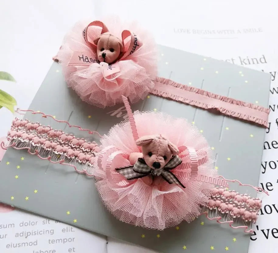 Newborn Toddlers Chiffon headbands Girls Lvely bear pink headwear strech hair bands kids hair accessories headdress