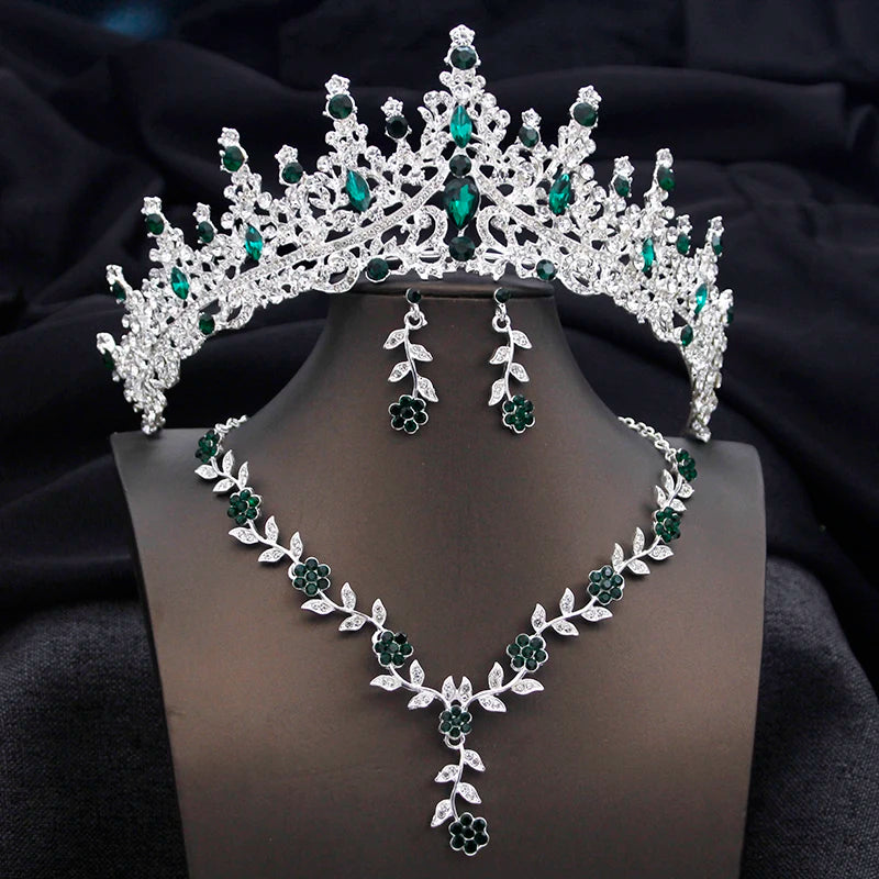 3 pcs Pink Bridal Jewelry Sets for Women Crown Flower Choker Necklace Earring Wedding Tiara Bride Costume Accessories
