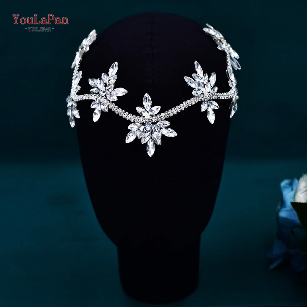 YouLaPan Crystal Flowers Hairpiece Bridal Wedding Hair Accessories Handmade Rhinestone Forehead Tiara Crown for Bride HP618