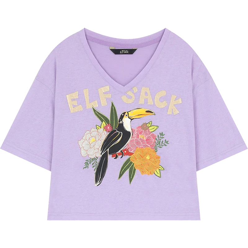 ELFSACK 2024 summer new arrival V-neck shiny letter print casual petite short-sleeved T-shirt for women clothes