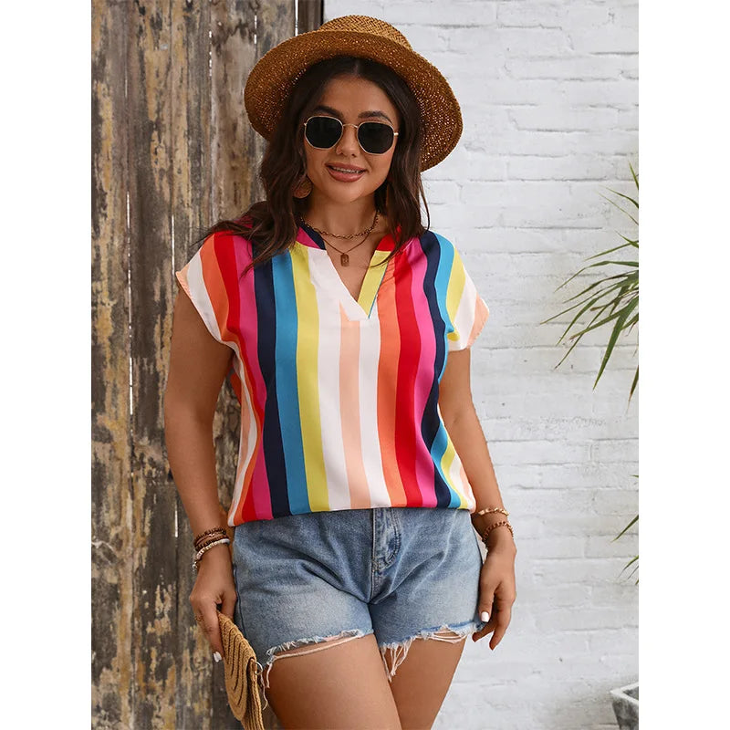 Plus Size Short Sleev Rainbow Color Shirt Top Oversized Women Clothing V Neck Summer Tops