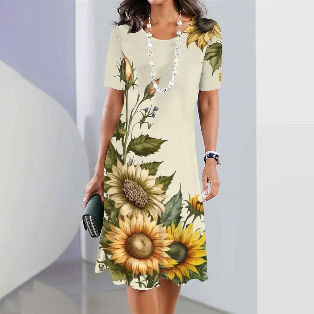 New Sunflower Print Women's Dresses Female Elegant Loose Mini Dress Summer Plus Size Short Sleeve Dress Fashion Women's Clothing clothes