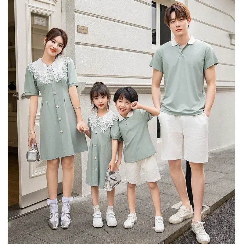 2024 Clothes for The Whole Family Mom and Daughter Collar Dresses Dad Son Same Shirts Sets Matching Couple Outfits Summer