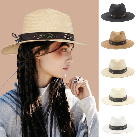 2 Sizes Unisex Men Women Soft Straw Panama Hats Summer Fedora Wide Brim Sunhats Trilby Caps Outdoor Beach Travel Sombrero UK M-L