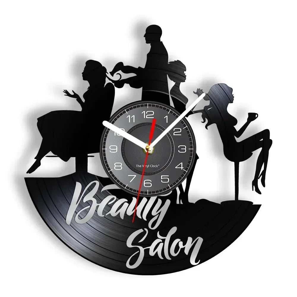 Barber Shop Sign Silent Haircutting Wall Clock Hairdressing Beauty Salon Design Vinyl Record Clock Watch Barber Shop Wall Decor