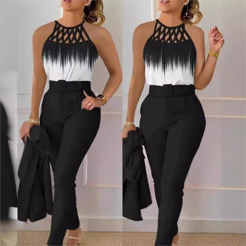 Elegant Women's Two Piece Set Suit Autumn Summer Fashion Print Hollow Out Sleeveless Tops Black Petite Pants Two-piece Set Women