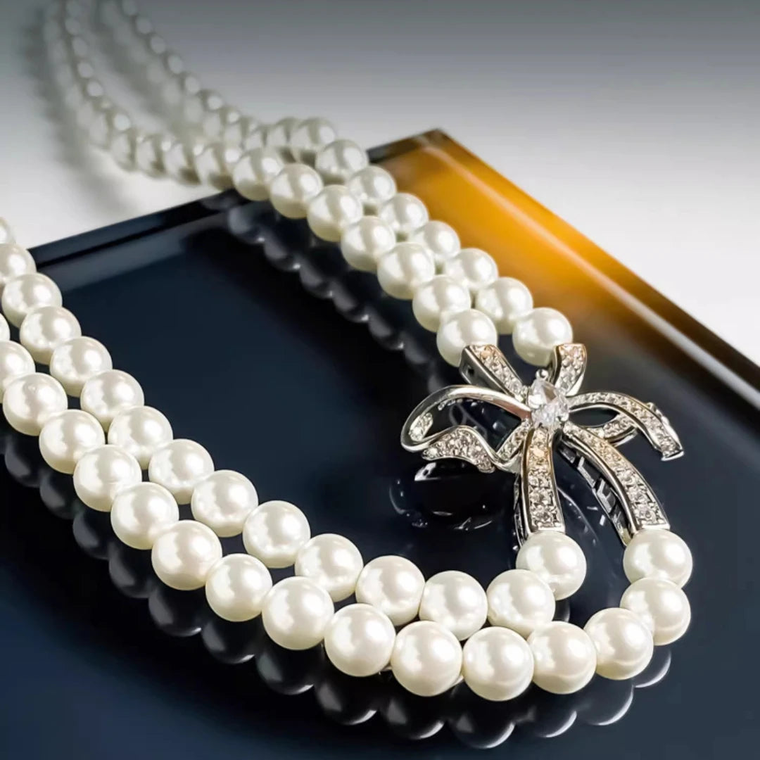 925 Sterling Silver Two Lines 6.5mm Pearl Necklace Earrings Set for Women Girls Fashion Bowknot Charm Ladies Wedding Jewelry
