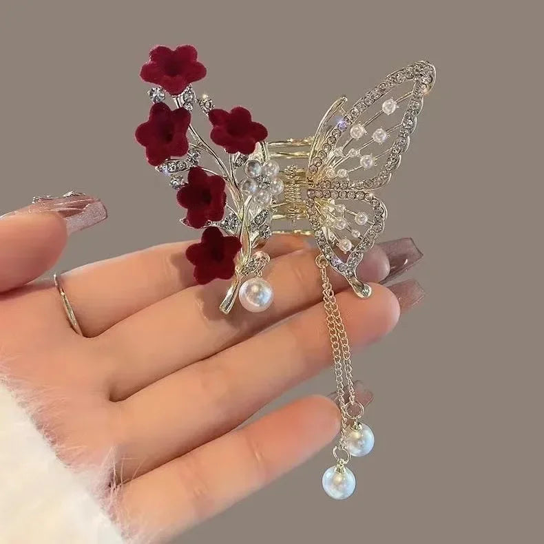 Exquisite Rhinestone Butterfly Fringe Hair Claw Clips Korean New Ponytail Braid Pearl Hairpin Girl Crab Metal Headdress Gift