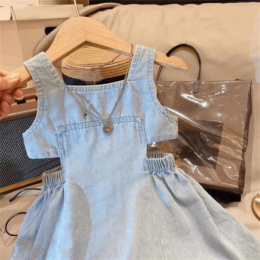 2-7 Years Old Blue Hollowed Out Denim Square Neck Camisole Dress Solid Color Korean Kids Clothes Summer New Girls Casual Dresses