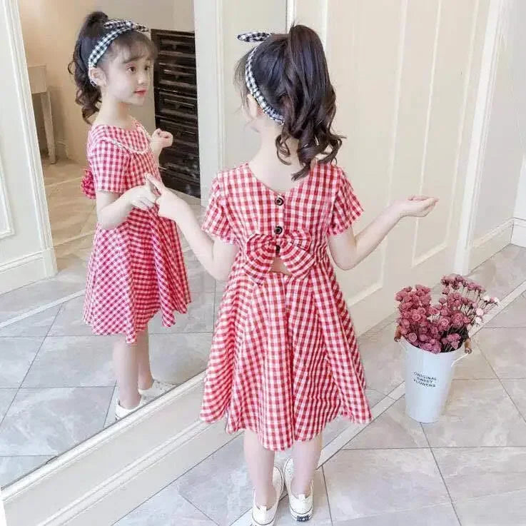 2024 Summer teenager baby Girls Dress Clothes plaid bow grey chiffon Long Beach Princess skirt 3 4 5 6 7 8 9 10 12 13 14 years