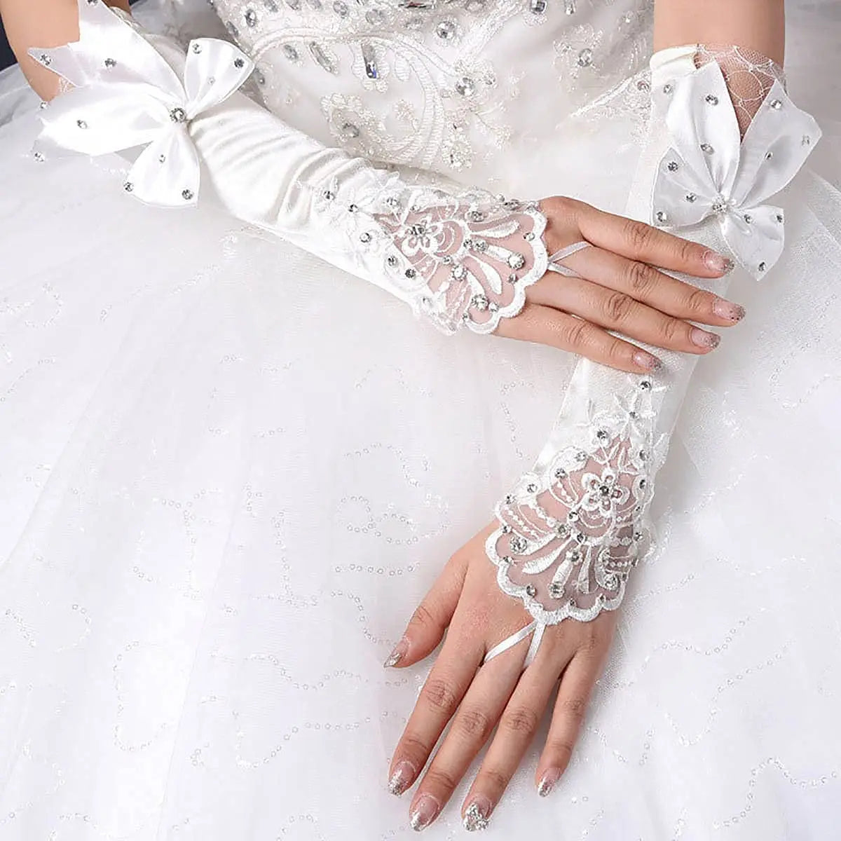 Elbow Length Fingerless Satin Embroidery Beads Bridal Wedding Gloves Tea Party Luva De Noiva Cosplay Bridal Accessories