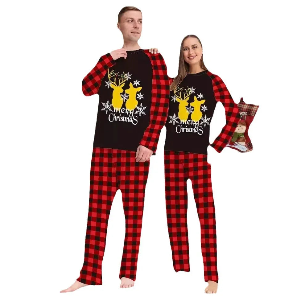 2024 Christmas Family outfit Gold fawn print Christmas family outfit crew-neck plaid Spring/ autumn pajamas set Halloween home