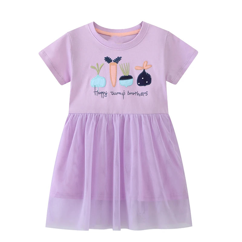 Little maven 2025 New Summer Children's Clothing Baby Girls Kids Clothes Cotton Embroidered Cartoon Carrots Purple Dresses