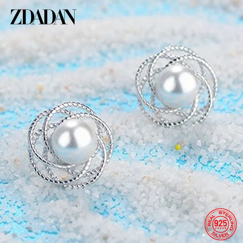 ZDADAN 925 Sterling Silver Charm Hollow Flower Pearl Stud Earrings For Women Temperament Engagement Jewelry Party Gift