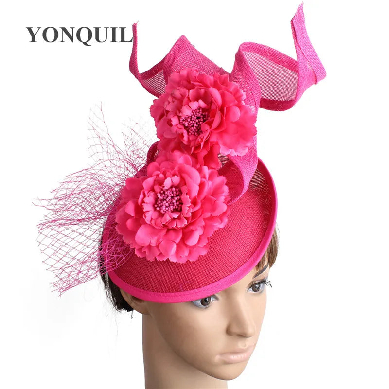 Wedding Fascinators Hot Pink Headpiece Mesh Headwear Wedding Party For Bride Hair Accessories Ladies Formal Dress Fedora Caps