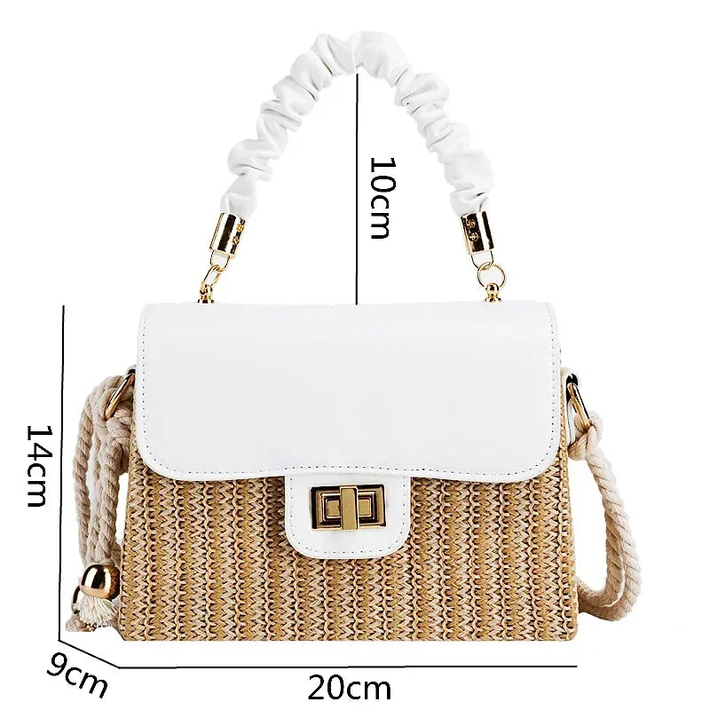 Straw Beach Bag for Women 2021 Summer Pleated Handle Luxury Designer Contrast Color Crossbody Purse and Handbag Lady Bolsos