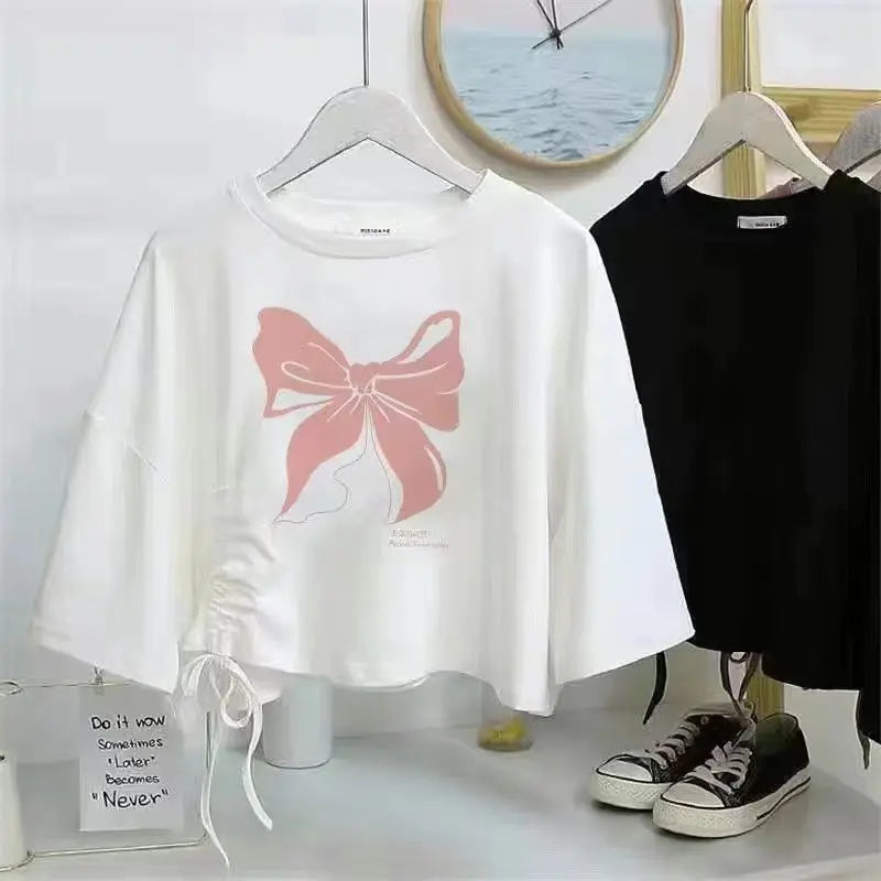 2024 Summer New Korean Elegant Cute Short Sleeved T-shirt+Mesh Midi Skirt Two Piece Suit Women's Loose Top Dress Matching Set