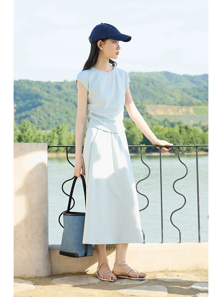 ZIQIAO Petite Relaxing Short Sleeved T-shirt Skirt Set for Women 2024 Summer New Slimming Women Top clothes