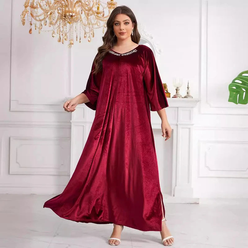 Vintage Loose Muslim Robe Fashion Casual Solid Velvet Red Long Dresses African Women Party Club Maxi Dress Islamic Clothing