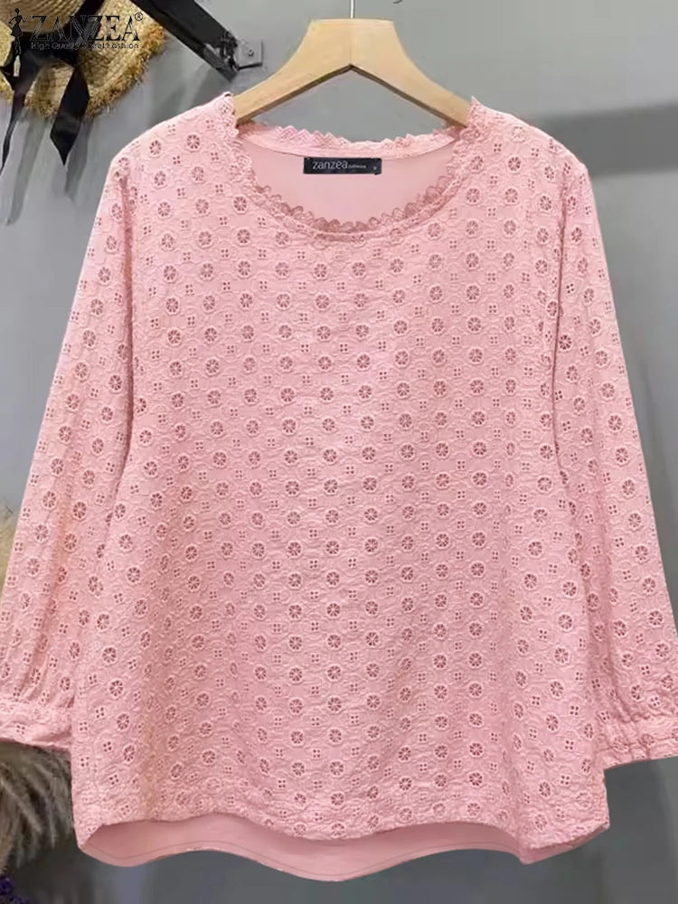 ZANZEA Women Hollow Embroidery Tops 2025 Spring Solid Blouse Vintage 3/4 Sleeve Cotton Blusas Female Daily Wear Clothes Oversize
