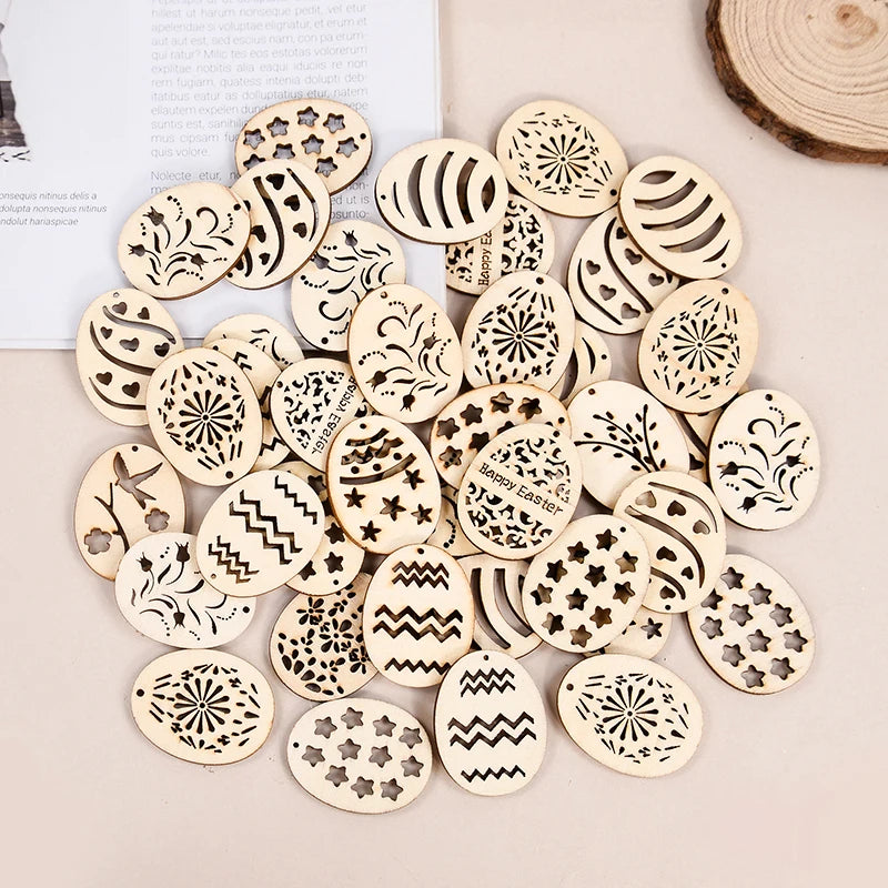 25/50Pcs Easter Eggs Wooden DIY Craft Hanging Ornaments Hollowed Wood Chips Happy Easter Party Decorations For Home Kids Gift