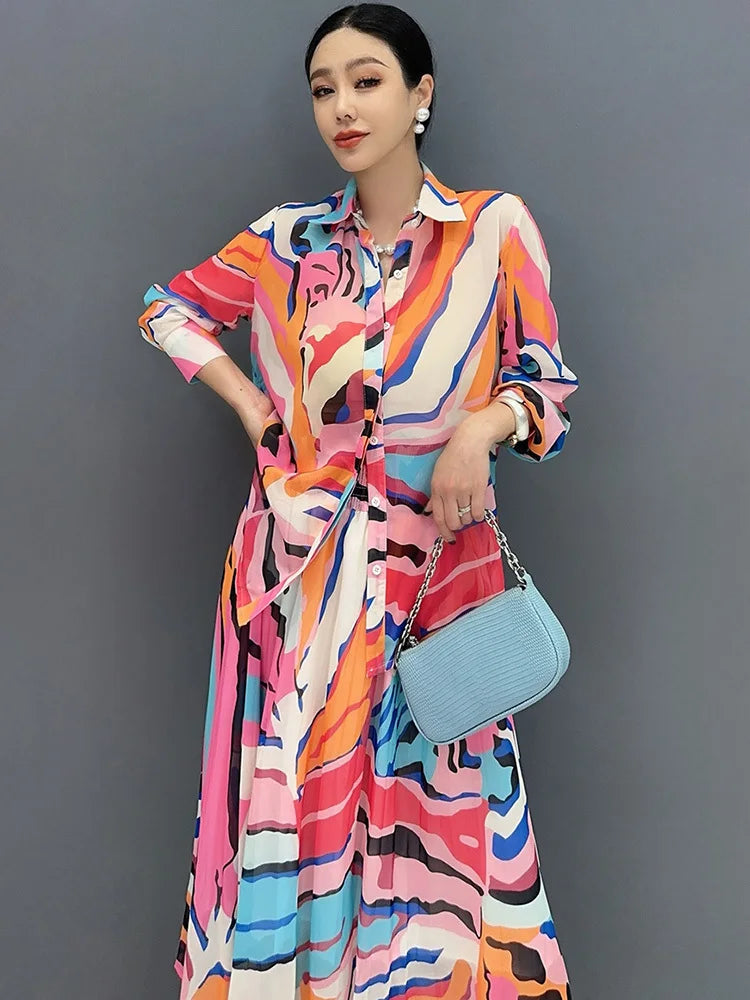 SHENGPALAE 2024 Summer New Women 2 Piece Set Printed Mid Sleeve Shirt And Large Swing Skirt Loose Fashion Female Clothes 5C7427