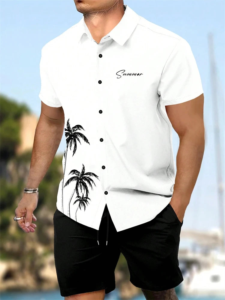 Summer New Men's Short Sleeve Shirt and Shorts 2 Piece Set Fashion Coconut Tree Print Lapel Shirt Beach Drawstring Shorts Set mon