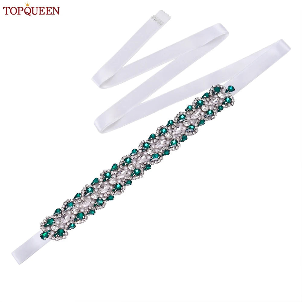 TOPQUEEN Luxury New Bridal Belt Wedding Supplies Dinner Dress Waist Decoration Green Bridesmaid Sash Accessories S466-D