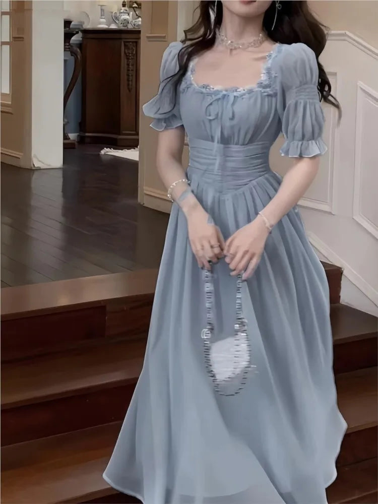 Summer Women Elegant Princess Evening Party Midi Dresses Vintage Chic Casual A-Line Prom Vestidos French Style Female Clothes