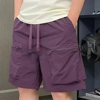 Cargo-Shorts für Herren, einfarbig, locker, trendig, amerikanischer Stil, High Street, mehrere Taschen, Reißverschluss, Alltag, Sommer, Kordelzug, schön, jugendlich