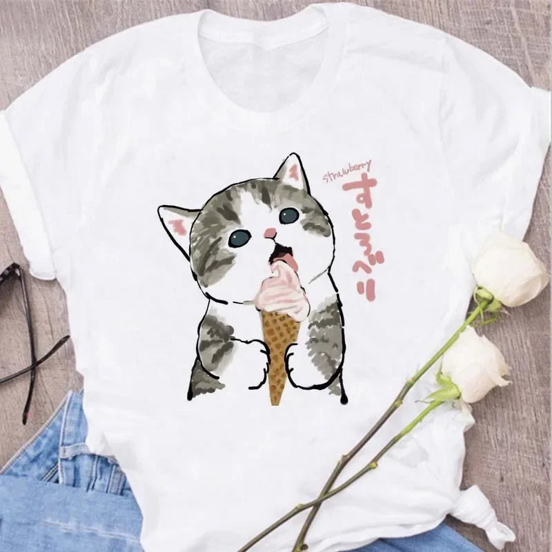 Cute Cats Printing Women T-shirts New Kawaii Women's Tops Fashion Women Clothing Funny Korean Style Creative Casual Clothes Tees