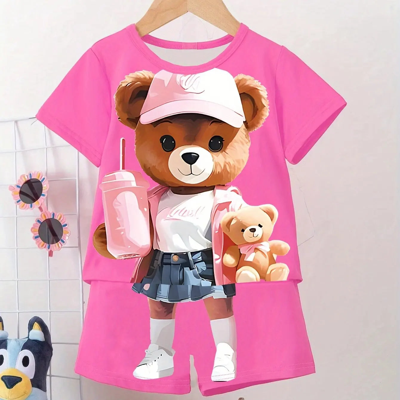 2024 Kids Clothes 2pcs Boys Fun Cartoon Bear Print Short Sleeve T-Shirt Shorts Set Summer Active Boys Complete Stylish Look