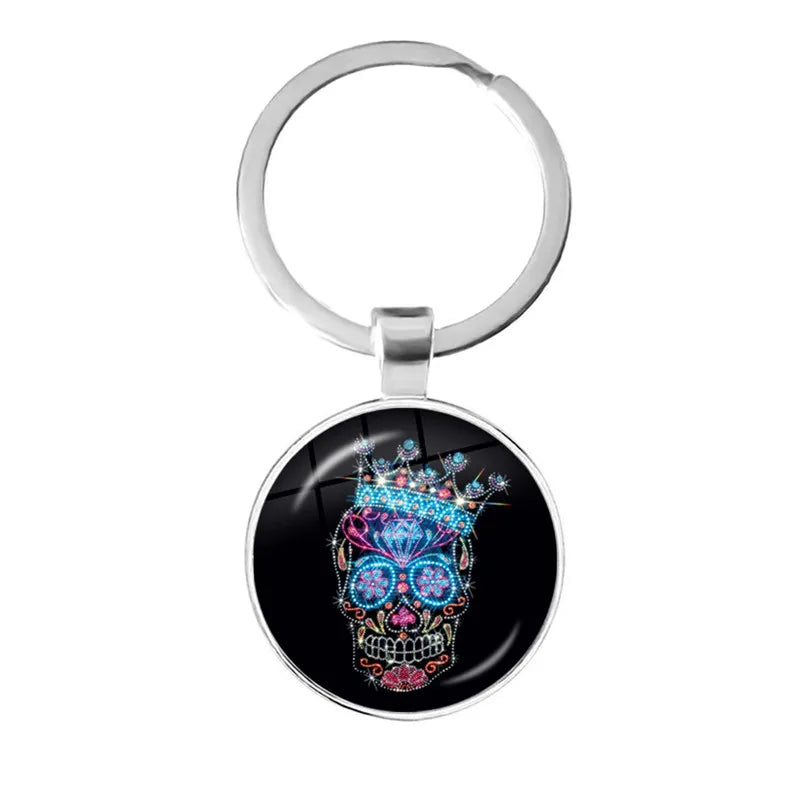 Fashion Colorful Sugar Skull Keychain Mexico Folk Art Patterns Glass Pendant Key Chain Jewelry Holiday Gift