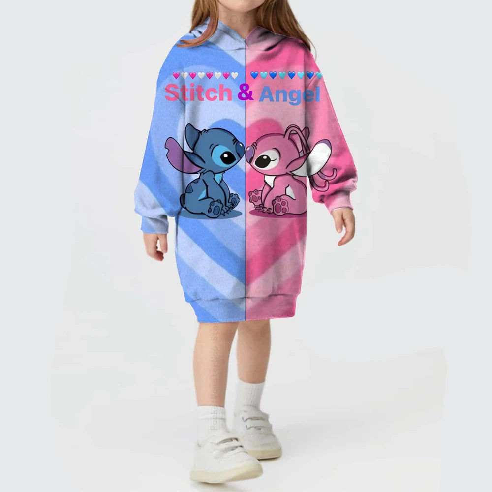 2024 Autumn and Winter Sweater Dress Christmas Disney Stitch Print Hoodie Dress Baby Girl Cute Fashion Hoodie Dress