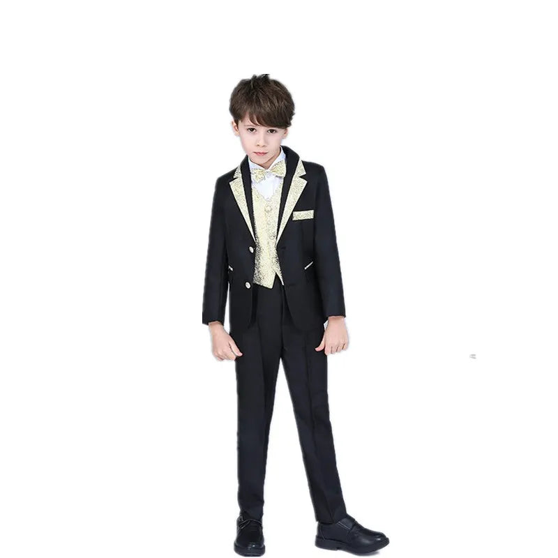 Kids Blazer 5Pieces/Set Jacket Vest Pants Shirt Bowtie Wedding Birthday Party Dress Boys Slim Fit Ceremony Photography Costume