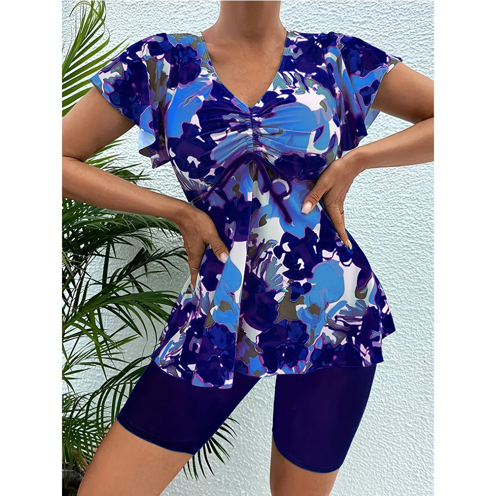 2025 Printed Tankini Set Two Piece Swimsuit Women Tie Front Drawstring Swimwear Female Bathing Swimming Suit Beachwear Summer